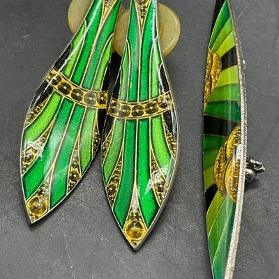 Vtg Art Deco Style Enamel Earrings & Brooch Set
