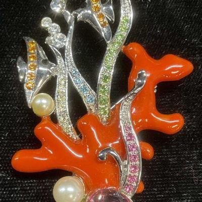 Silver Tone Crystal Enamel Faux Coral Brooch
