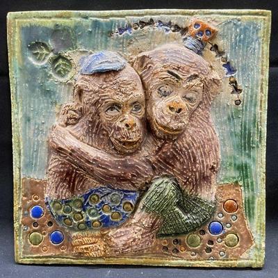 Hand Painted Ceramic Monkey Relief Plaque
