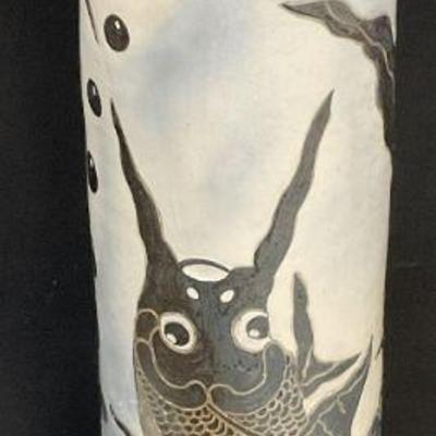 Sgnd Vntg Hand Painted Fish Motif Pottery Vase 29in
