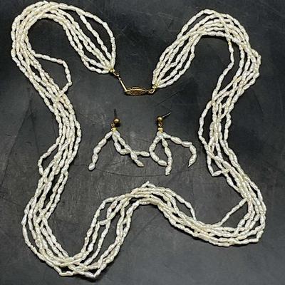 Vintage Rice Pearl Necklace & Earrings Set
