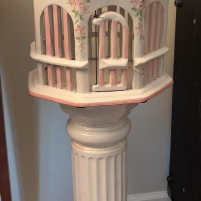 An Italian “Old Venegia” Painted Ceramic Bird Cage & Stand 