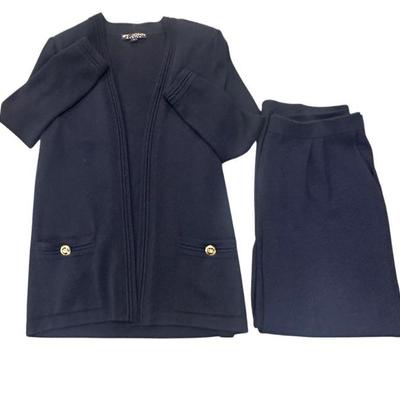 VINTAGE ST.JOHN BASICS NAVY SANTANA KNIT OPEN FRONT KNIT CARDIGAN AND PANTS