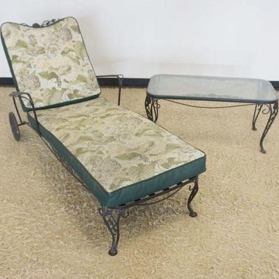 1237	WROUGHT IRON PATIO/SUN ROOM CHASE LOUNGE AND GLASS TOP TABLE, LOUNGE APPROXIMATELY 63 IN X 30 IN X 33 IN H, TABLE APPROXIMATELY 36...