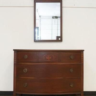 1197	MAHOGANY 3 DRAWER LOW CHEST WITH FLORAL URN & BELL FLOWER ILAY WITH HANGING MIRROR, CHEST APPROXIMATELY 46 IN X 21 IN X 36 IN H,...