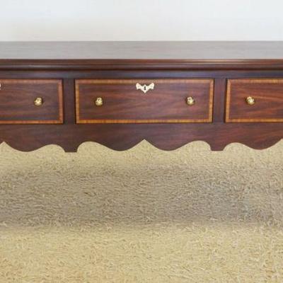 1230	HENKEL HARRIS *JAMESTOWN COLONY* MAHOGANY 3 DRAWER HUNT BOARD, EACH DRAWER FRONT BANDED, APPROXIMATELY 78 IN X 21 IN X 34 IN H

