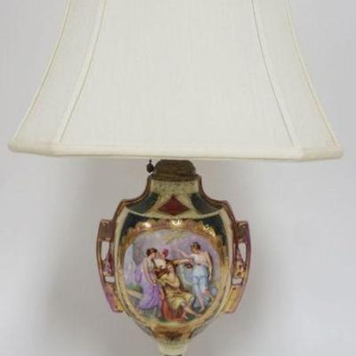 1174	PORCELAIN TABLE LAMP WITH NEOCLASSICAL SCENE, APPROXIMATELY 27 IN H
