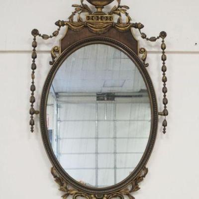 1213	ORNATE HANGING MIRROR WITH URN AND BELL FLOWER TRIM, SILVERING ON MIRROR WORN, APPROXIMATELY 28 IN X 56 IN H
