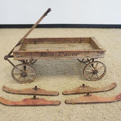 1180	CHILDS ANIQUE WOOD SPOKE WHEEL WAGON WITH SKY SLED ATTACHEMENT, *RED RACER*, APPROXIMATELY 42 IN X 18 IN X 29 IN H
