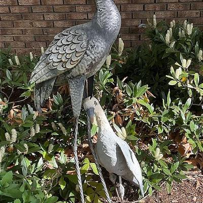 Two Outdoor Cranes / Herons Metal And Hand Painted Glazed Paper Mache