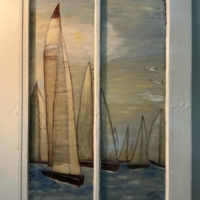 Painted Sailboat Scene On A Antique Window Pane 