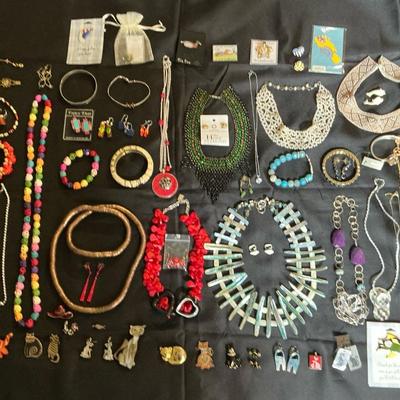 Large Costume Jewelry Lot Including Cats And Natural Stones 