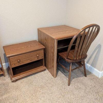 Lot #183 - Vintage Oak Desk, Chair, and Nightstand