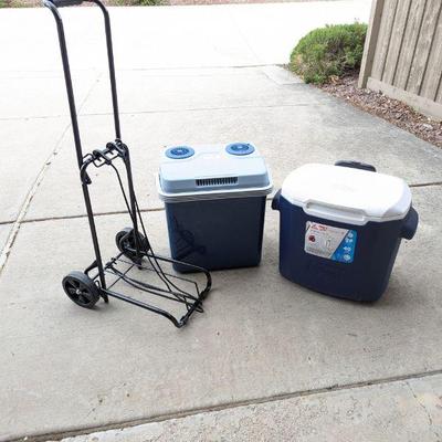 Lot #216 - Knox Electric Travel Cooler/Warmer Portable Camping Cooler, Coleman Wheeled Cooler & Handcart