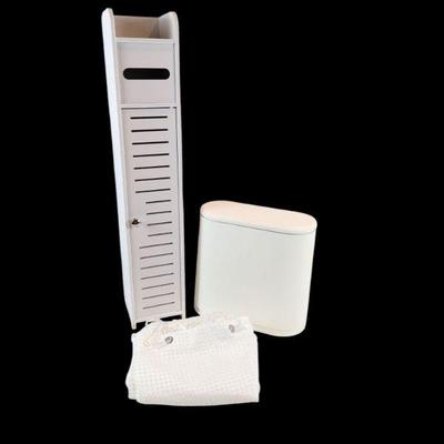 Lot #173 - White Bathroom Toilet Paper Holder, Trash Can & Shower Curtain
