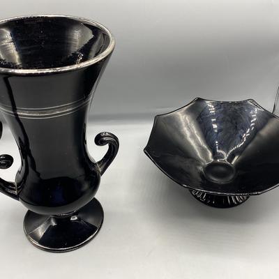 Black Glass Vase And Bowl 