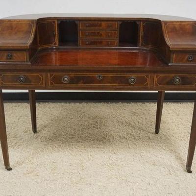 1130	NICE FLAMED MAHOGANY CARLTON DESK WITH BANDED DRAWER FRONTS AND PENCIL INLAY, INSET LEATHER TOP WRITING SURFACE, APPROXIMATELY 50 IN...