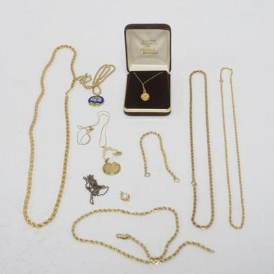 1220	6 GOLD FILLED NECKLACES INCLUDING 1 MILLEFIORI  AND 1 BRACELET, 1 PEARL PENDANT MARK UNREADABLE, 2 GOLD FILLED NECKLACES
