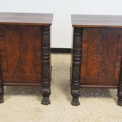 1102	PAIR OF CUSTOM EMPIRE 1 DOOR STANDS WITH CARVED HALF COLUMNS AND CLAW FEET, APPROXIMATELY 25 IN X 23 IN X 35 IN H
