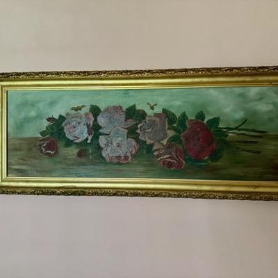Floral canvas painting in gold frame 