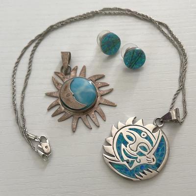 Sterling Silver Earrings, Sun And Moon Necklace And Medallion
