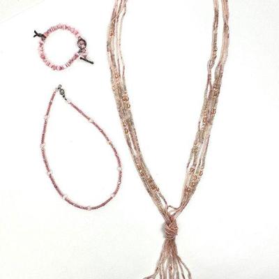 Lot #111 Set of 2 Pink Beaded Necklaces and 1 Bracelet