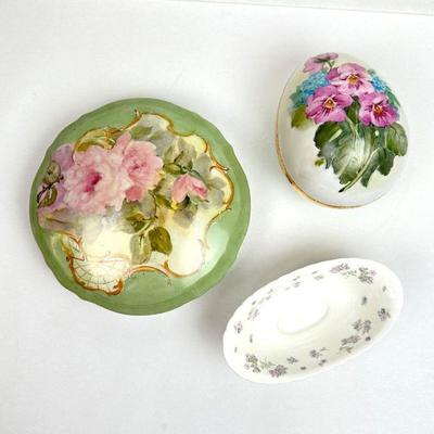 Lot #115 Antique Hand Painted Porcelain Trinket Box with Lid, Wedgewood April Flowers Oval Bowl, and Hand Painted Ceramic Egg