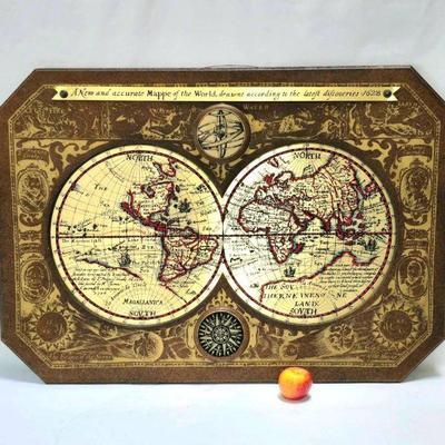 Lot #184 Vintage 1964 Masketeers World Map of 1628 in Wood & Brass, Hand Painted - 30" x 44"