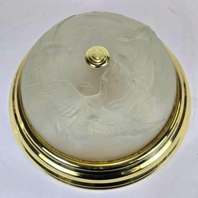 Lot #191 Vintage Frosted Glass Gold Tone Flush Mount Ceiling Lamp 15" - Birds, Fish, and Waves