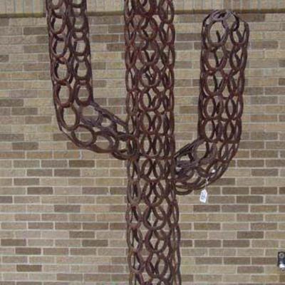 SPECTACULAR LARGE CUSTOM MADE CAST IRON & IRON HORSE SHOE CACTUS SCULPTURE 100"H