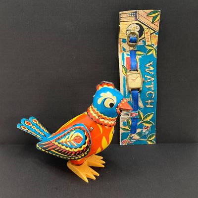 LOT 300: Vintage Toys - Tin / Metal Colorful Bird and Plastic Bird Watch