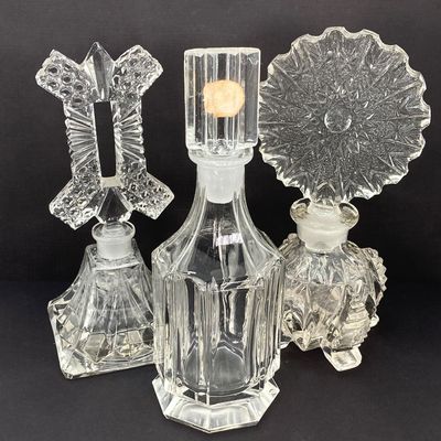 LOT 235: Three Stunning Vintage Glass / Crystal Perfume Bottles with Stoppers