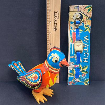LOT 300: Vintage Toys - Tin / Metal Colorful Bird and Plastic Bird Watch