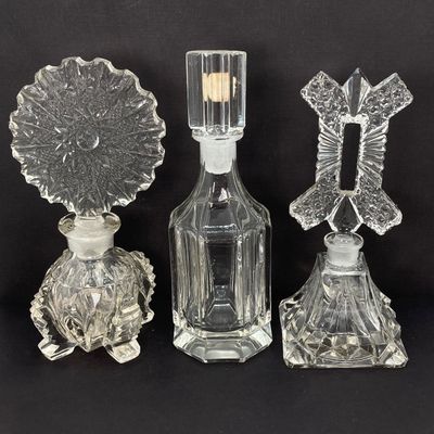 LOT 235: Three Stunning Vintage Glass / Crystal Perfume Bottles with Stoppers