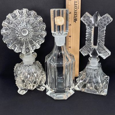 LOT 235: Three Stunning Vintage Glass / Crystal Perfume Bottles with Stoppers