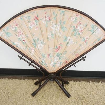 1248	ORNATE VICTORIAN SCREEN TURNED WALNUT FAN SHAPED WITH FLORAL PATTERN CLOTH CENTER, APPROXIMATELY 45 IN X 35 IN H
