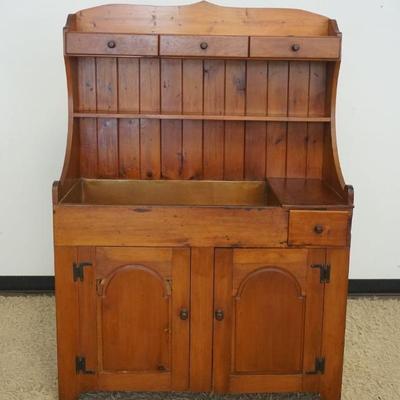 1274	PINE HOODED COPPER LINED DRY SINK WITH 4 DRAWERS AND 2 DOORS, SOME LOSS TO TRIM, APPROXIMATELY 45 IN X 19 IN X 65 IN H
