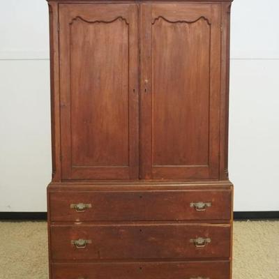 1267	ANTIQUE LINEN PRESS WITH STOP CHAMFERED REEDED SIDES, HAND DOVETAILED CASE AND DRAWERS ON HIGH BRACKET FEET, PULLS NOT ORIGINAL,...