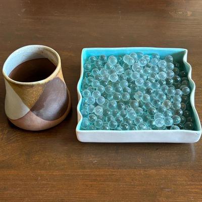 Lot #191 - Ceramic Planter and Tray with Decorative Glass Marbles Lot