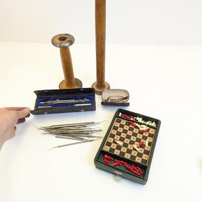 Lot #247 - Vintage Auction Lot of Tools, Spools, Eyewear, and Travel Chess Game