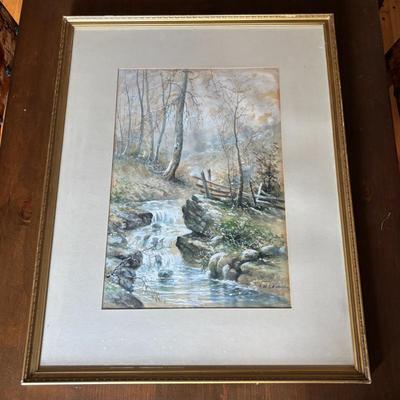 Lot #204 - Signed E.W. Edwards Watercolor of a Creek Through a Forest Wall Art