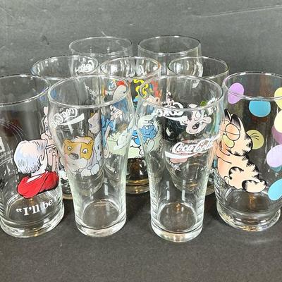 Vintage Tumblers Including Garfield, The Smurfs & E.T. Plus 4 Coca Cola Glasses