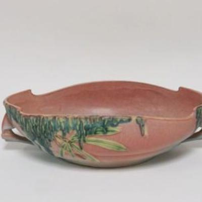1150	ROSEVILLE POTTERY MOSS PATTERN CONSOLE SET, BOWL APPROXIMATELY 12 IN X 7.5 IN X 3.5 IN

