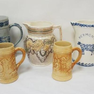 1122	GROUP OF ASSORTED STONEWARE & CERAMIC PITCHERS & MUGS, TALLEST APPROXIMATELY 10 IN X 7 IN X 6 IN
