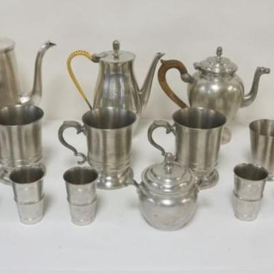 1167	LARGE GROUP OF ASSORTED PEWTER INCLUDING F HERTZ POMPE 19 PIECES W/MUGS, TEAPOTS, CREAMERS & COVERED SUGAR, TALLEST PIECE...