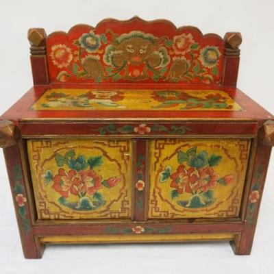 1155	LACQUERED ASIAN STYLE DOUBLE DOOR TABLE TOP CABINET, IMAGES OF FOO DOGS & DRAGON, APPROXIMATELY 24 IN X 14 IN X 22 IN HIGH
