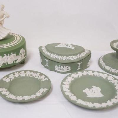 1111A	GROUP OF ASSORTED WEDGWOOD JASPERWARE MUSIC BOX, COVERED TRINKET BOXES, ETC, TALLEST PIECE APPROXIMATELY 6 IN
