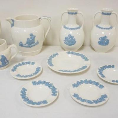 1107	GROUP OF ASSORTED WEDGWOOD EMBOSSED *QUEENSWARE*  INCLUDING PITCHERS, VASES & ASHTRAYS, LARGEST PIECE APPROXIMATELY 7 IN HIGH
