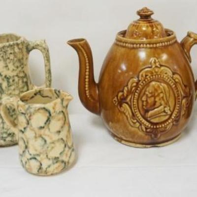 1149	GROUP OF ASSORTED SPATTER PITCHERS BENNINGTON GLAZED TEAPOT & MAJOLICA, REDWARE PEWTER LID SYRUP, LARGEST PIECE APPROXIMATELY 9...