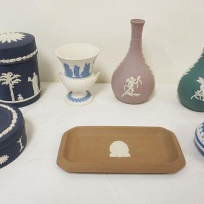 1111	GROUP OF ASSORTED WEDGWOOD JASPERWARE INCLUDING PIN TRAY, COVERED BOXES, VASE, TALLEST PIECE APPROXIMATELY 6 IN HIGH
